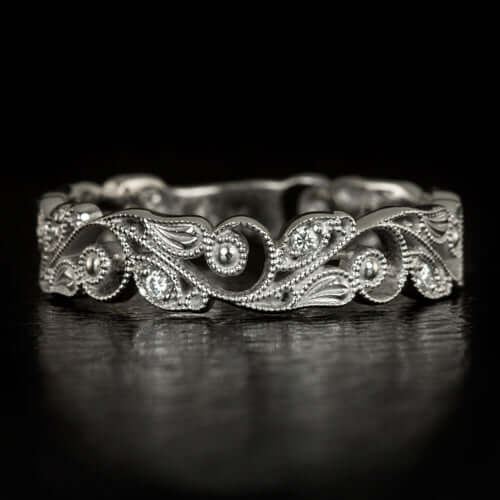 FILIGREE ART NOUVEAU DIAMOND WEDDING BAND VINTAGE STYLE FLORAL RING 10k GOLD