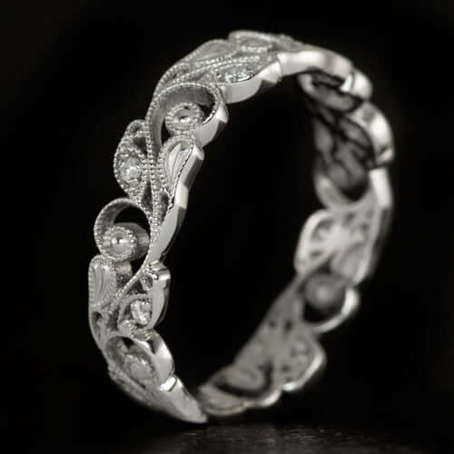 FILIGREE ART NOUVEAU DIAMOND WEDDING BAND VINTAGE STYLE FLORAL RING 10k GOLD - Image 2