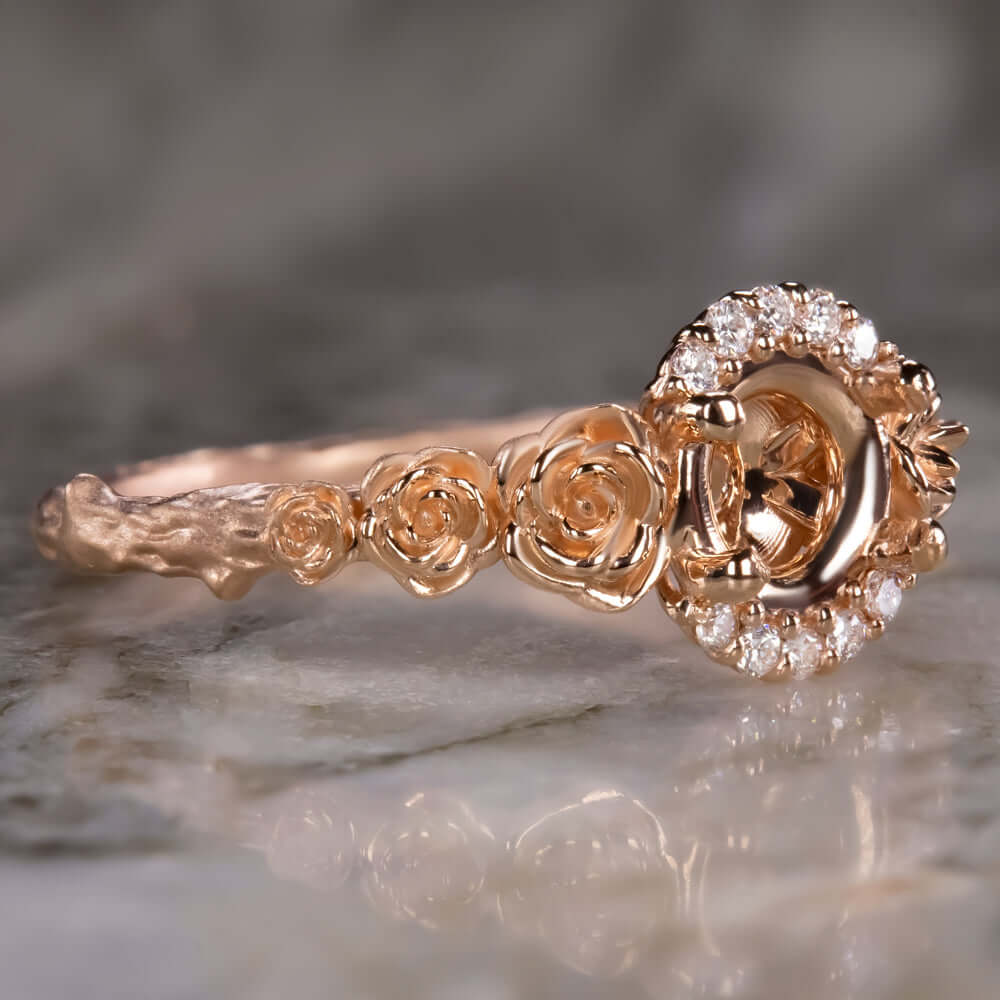 FLORAL NATURAL DIAMOND RING SETTING 14K ROSE GOLD FLOWER ENGAGEMENT SEMI MOUNT - Image 2
