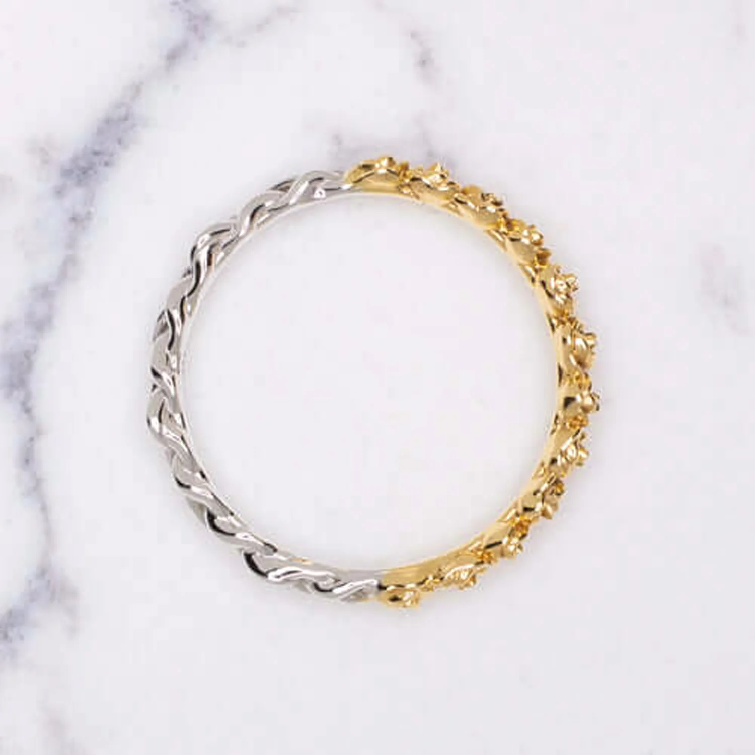 FLORAL WEDDING BAND STACKING RING TWO TONE 14K WHITE YELLOW GOLD ROSE IVY LEAF - Image 3