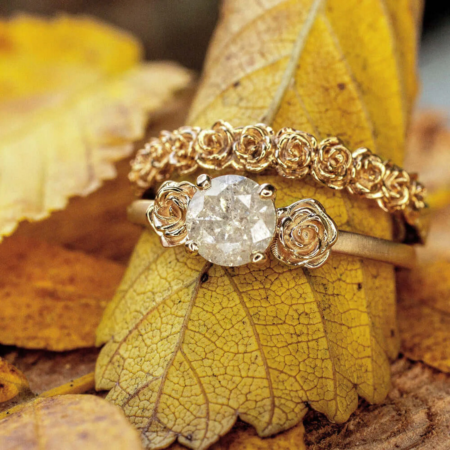 FLORAL WEDDING BAND STACKING RING TWO TONE 14K WHITE YELLOW GOLD ROSE IVY LEAF - Image 5