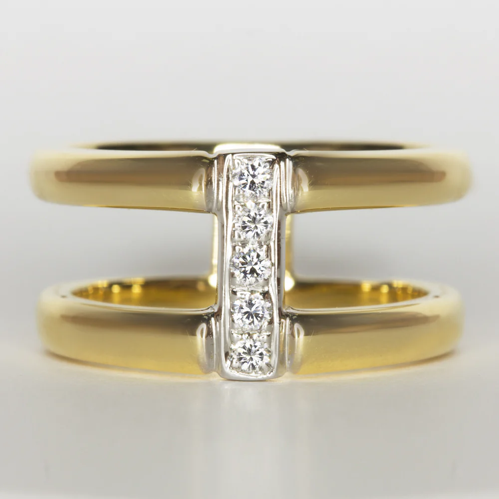 G-H VS DIAMOND 18k YELLOW GOLD DESIGNER COCKTAIL RING DOUBLE BAND WIDE GEOMETRIC