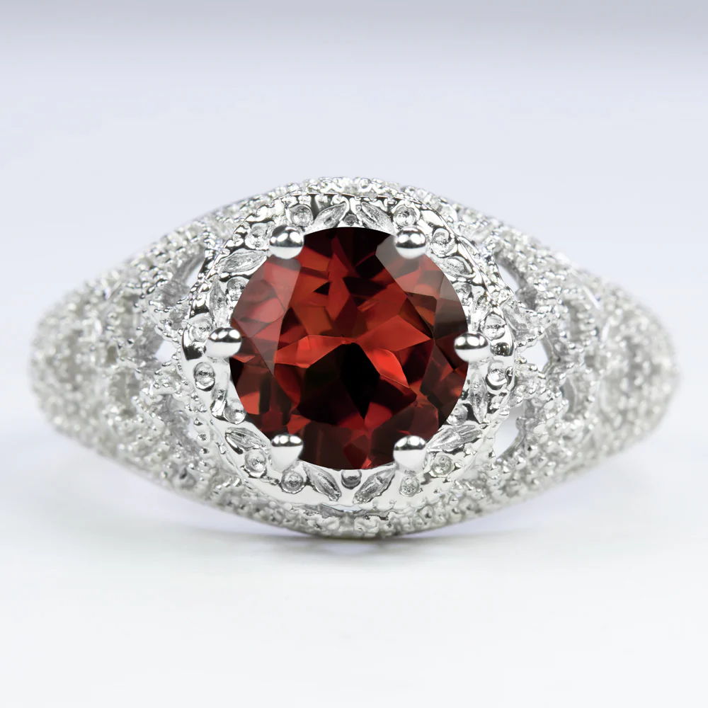 GARNET STERLING SILVER RING VINTAGE STYLE FILIGREE ROUND CUT ART DECO GEMSTONE