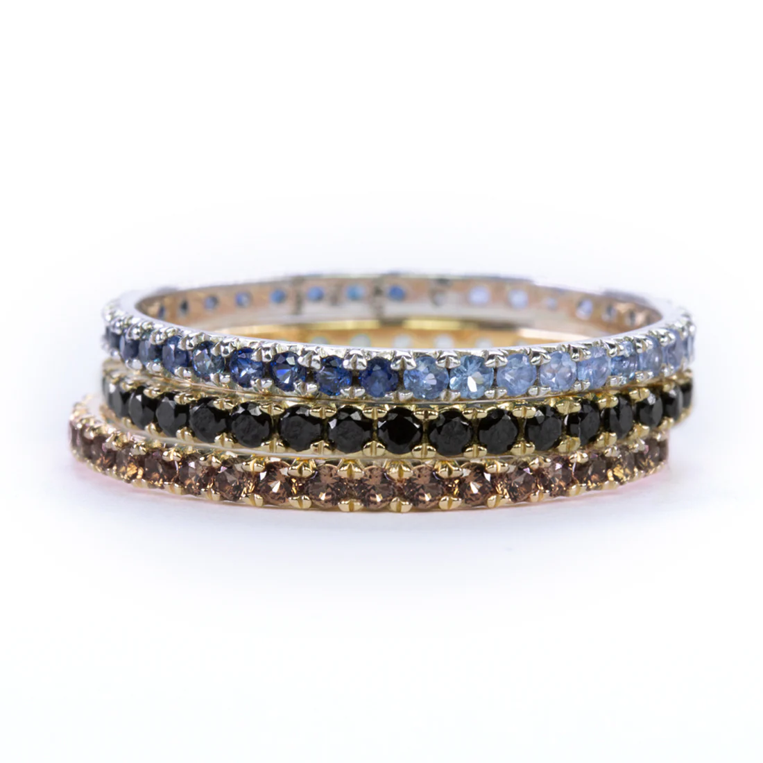 GEMSTONE 3 RING GIFT SET 14k GOLD ETERNITY BAND SAPPHIRE BLACK ONYX SMOKY QUARTZ