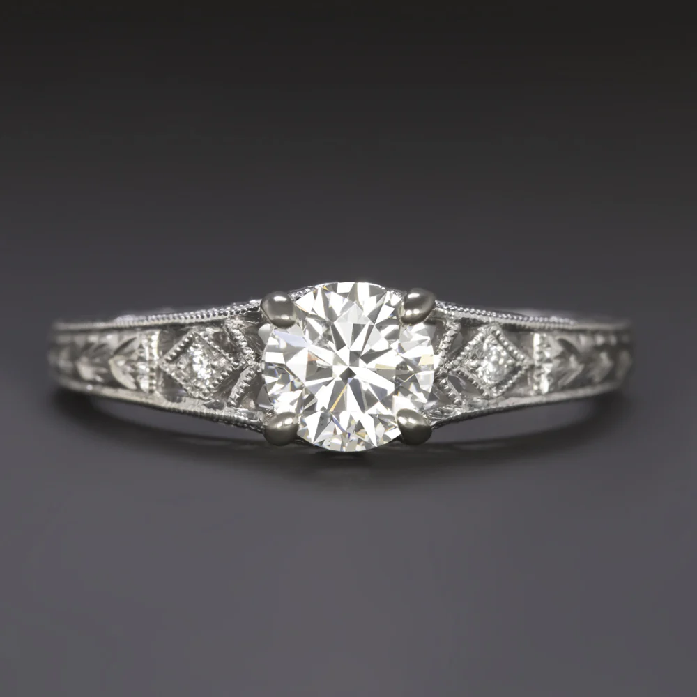 GIA CERTIFIED DIAMOND ENGAGEMENT RING HAND ENGRAVED VINTAGE STYLE WHITE GOLD
