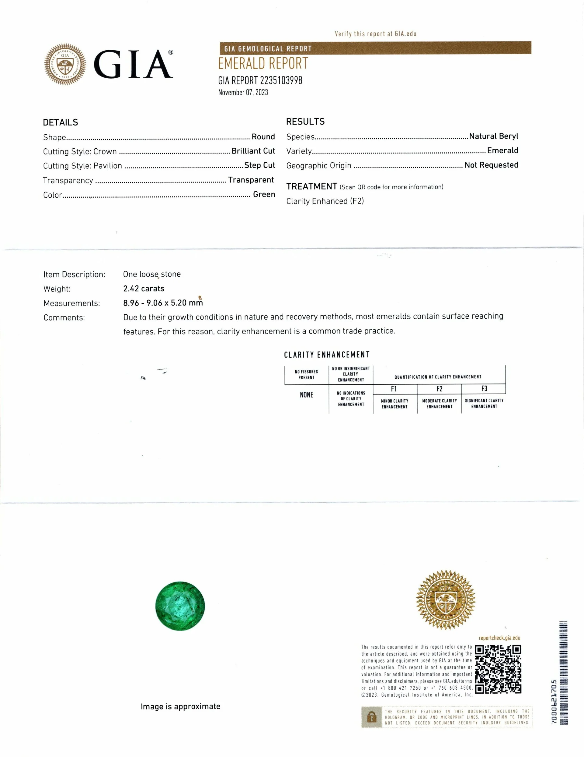 GIA CERTIFIED EMERALD 2.42ct 9mm ROUND CUT NATURAL GREEN LOOSE GEMSTONE 2.5ct - Image 2