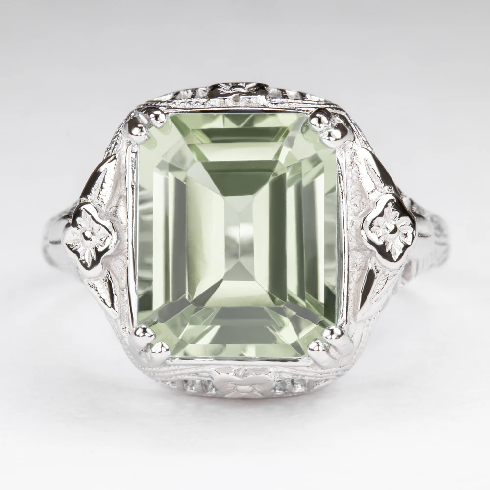 GREEN AMETHYST STERLING SILVER VINTAGE STYLE RING ART DECO EMERALD CUT FILIGREE