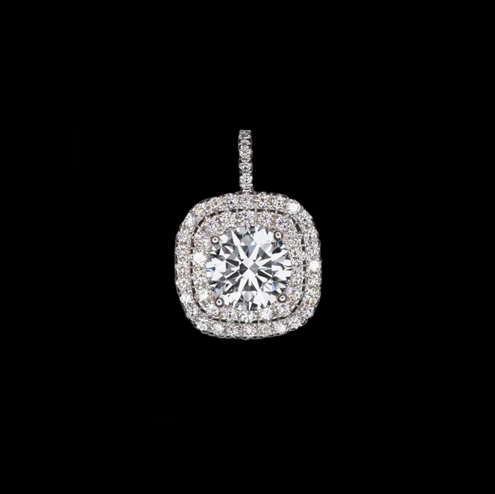 1.75ct LAB CREATED DIAMOND PENDANT ROUND CUT CUSHION DOUBLE HALO NECKLACE 14k