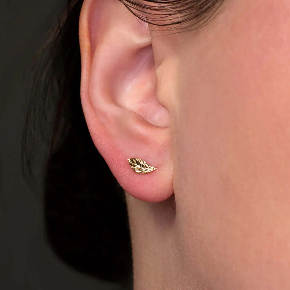 LEAF EARRINGS 14K YELLOW GOLD STUDS DAINTY MINIMALIST ORGANIC NATURE TEXTURED YG - Image 3