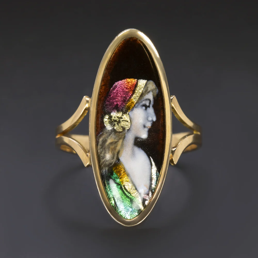 LIMOGES ENAMEL PORTRAIT RING 18k YELLOW GOLD ANTIQUE CAMILLE FAURE FRENCH ESTATE