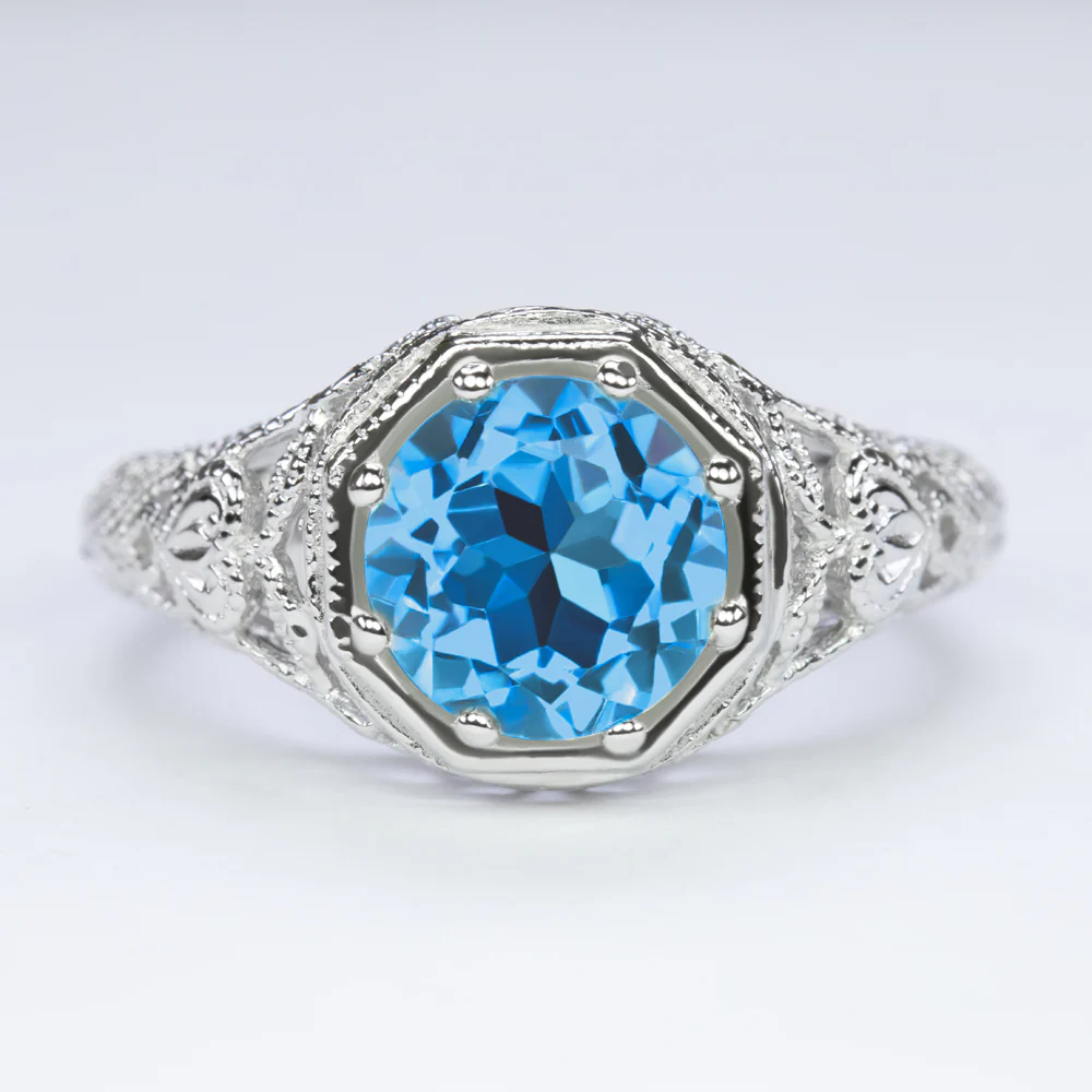LONDON BLUE TOPAZ STERLING SILVER RING VINTAGE STYLE ART DECO FILIGREE ROUND CUT
