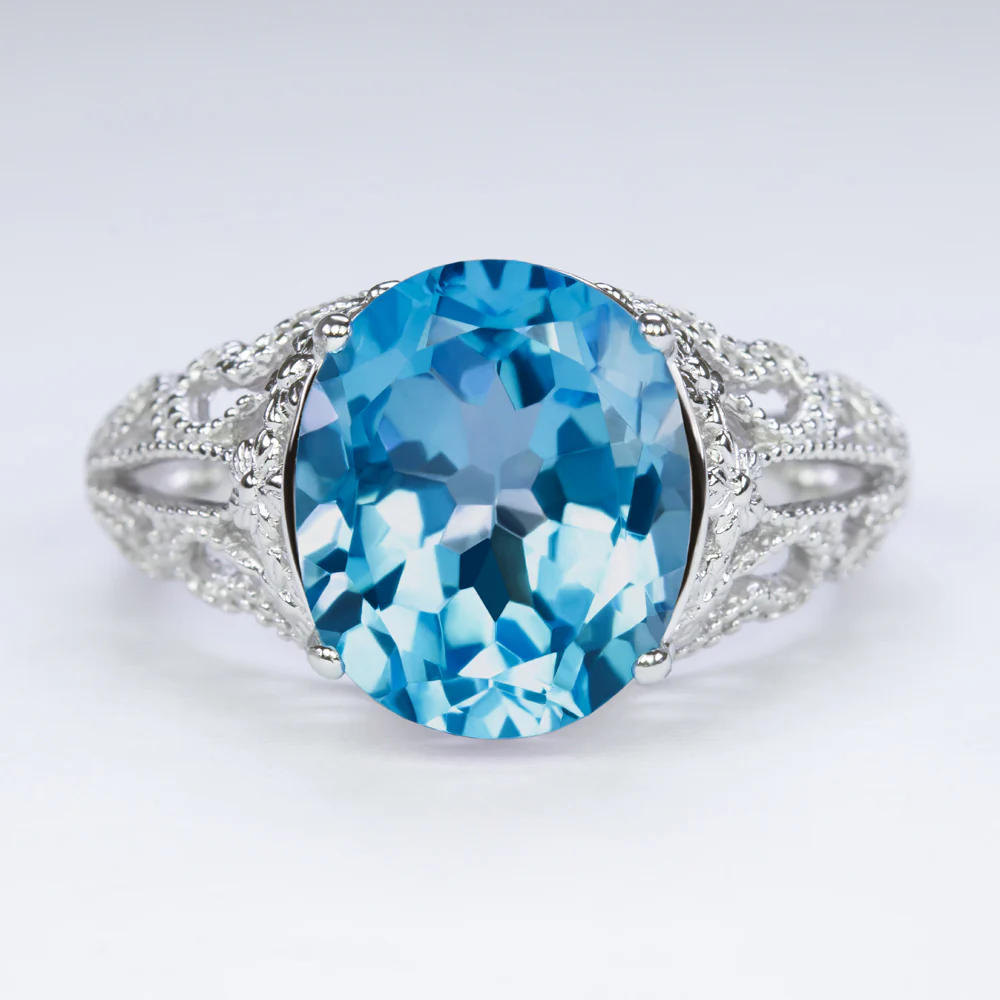 LONDON BLUE TOPAZ VINTAGE STYLE COCKTAIL RING STERLING SILVER FILIGREE ART DECO