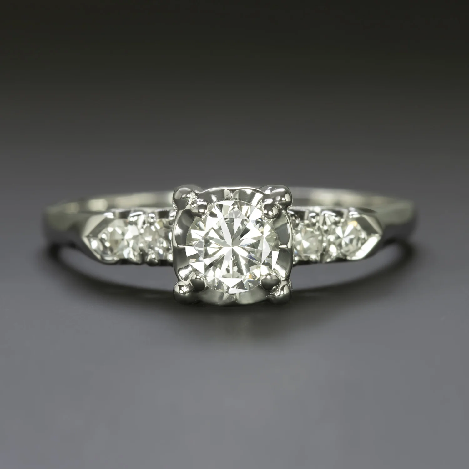 MIDCENTURY VINTAGE DIAMOND ENGAGEMENT RING 14k WHITE GOLD NATURAL ESTATE ROUND