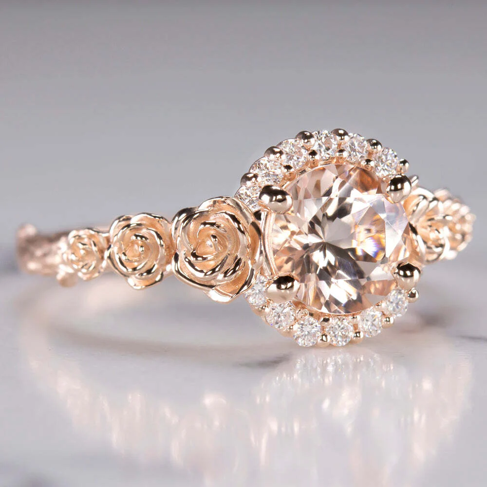MORGANITE DIAMOND 10K ROSE GOLD RING BRANCH FLOWER RUSTIC PINK PEACH ROUND CUT - Image 2