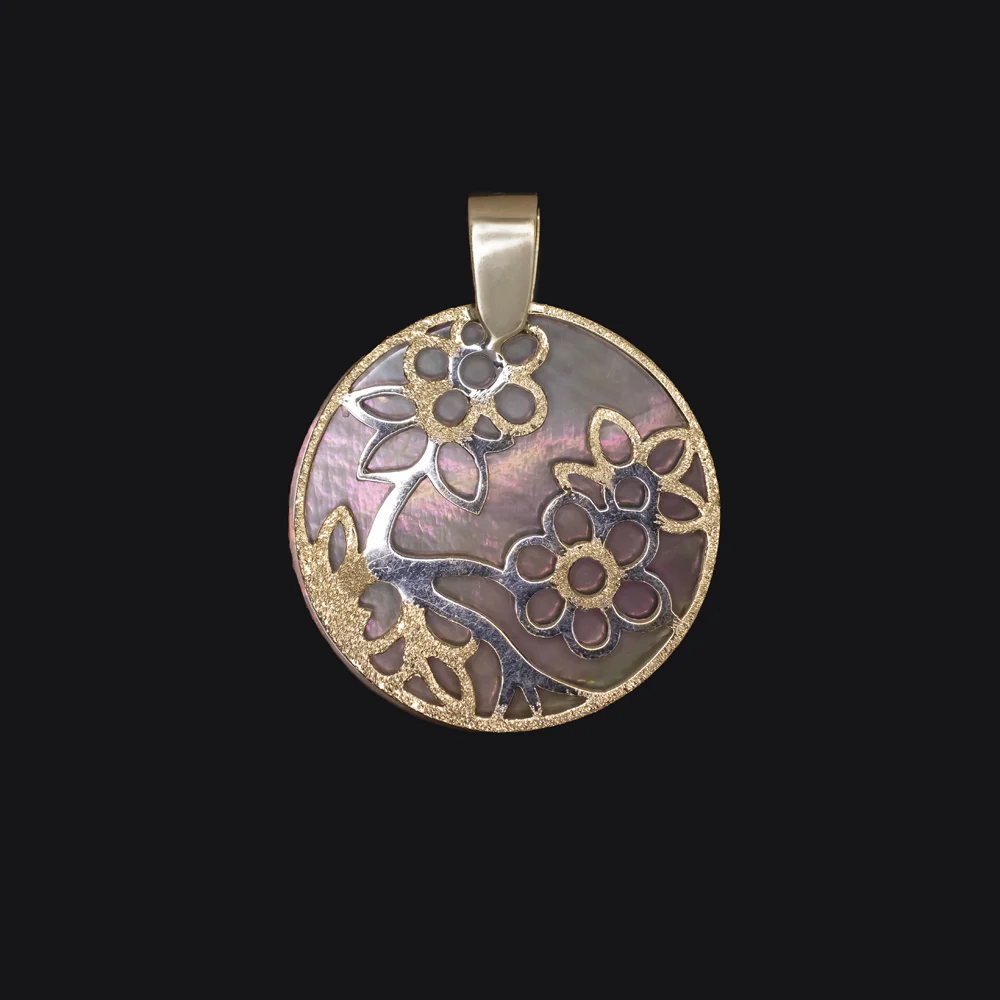 MOTHER OF PEARL 18k TWO TONE GOLD PENDANT DISC WHITE YELLOW FLORAL NECKLACE