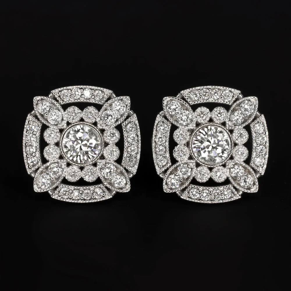NATURAL DIAMOND 0.9ct STUD EARRINGS VINTAGE STYLE ART DECO HALO 10k WHITE GOLD
