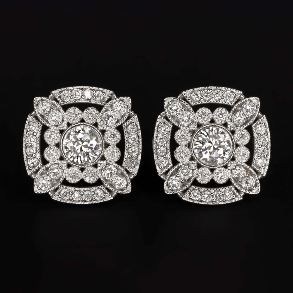NATURAL DIAMOND 0.9ct STUD EARRINGS VINTAGE STYLE ART DECO HALO 14k WHITE GOLD
