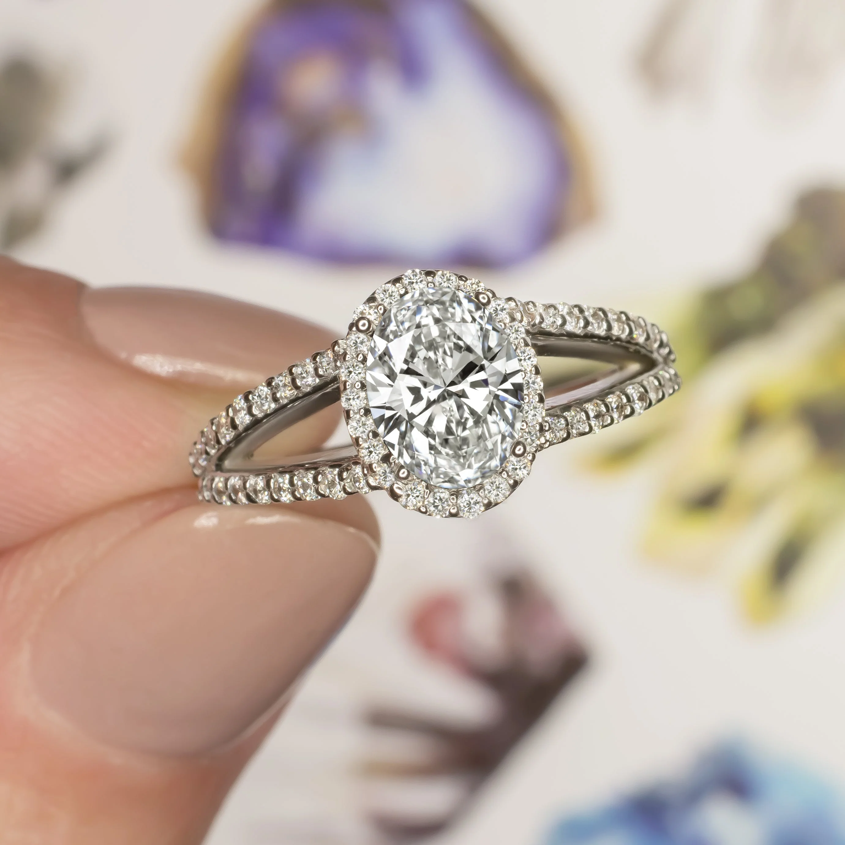 NATURAL DIAMOND OVAL CUT RING SETTING HALO SPLIT SHANK WHITE GOLD SEMI MOUNT 8X6 - Image 5