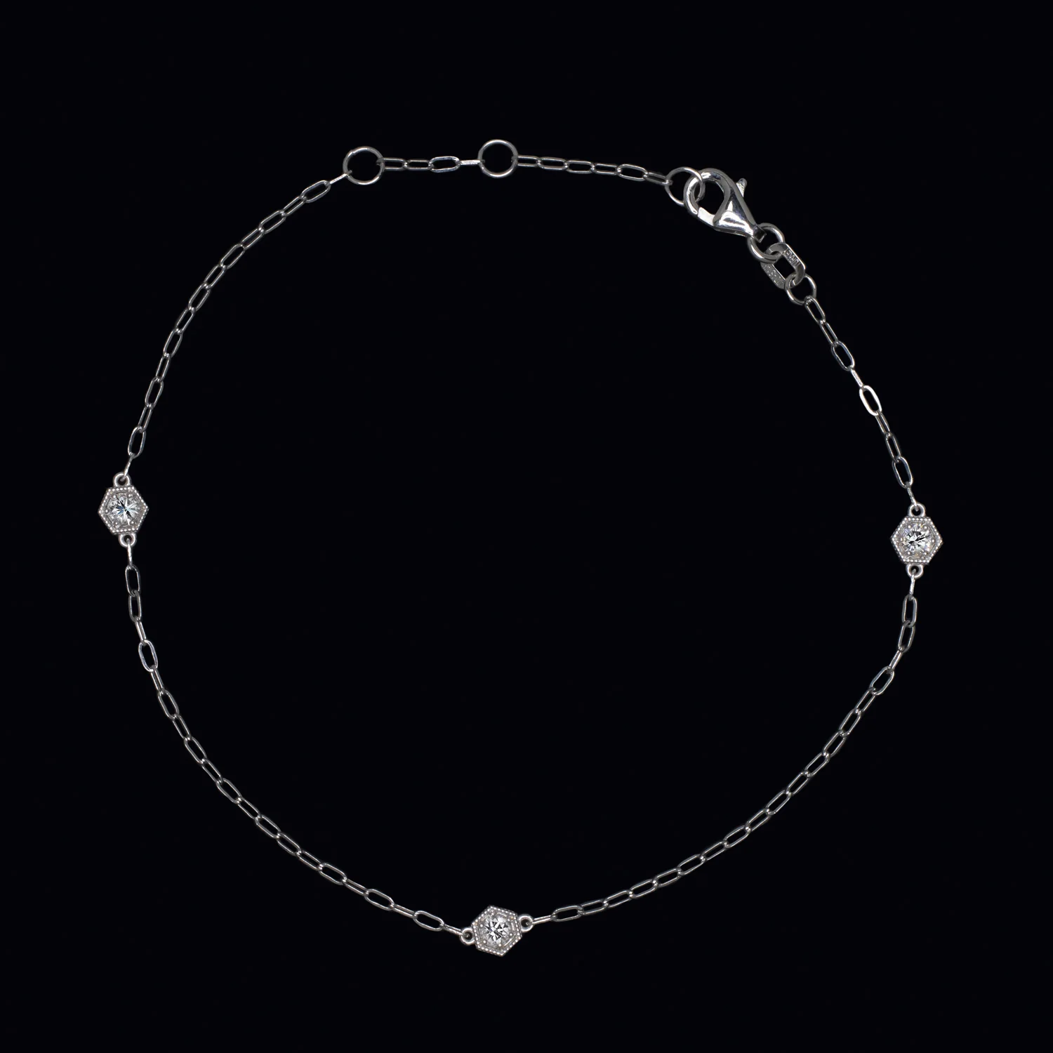 NATURAL DIAMOND STATION BRACELET 3 STONE VINTAGE STYLE HEXAGON 14K GOLD CHAIN