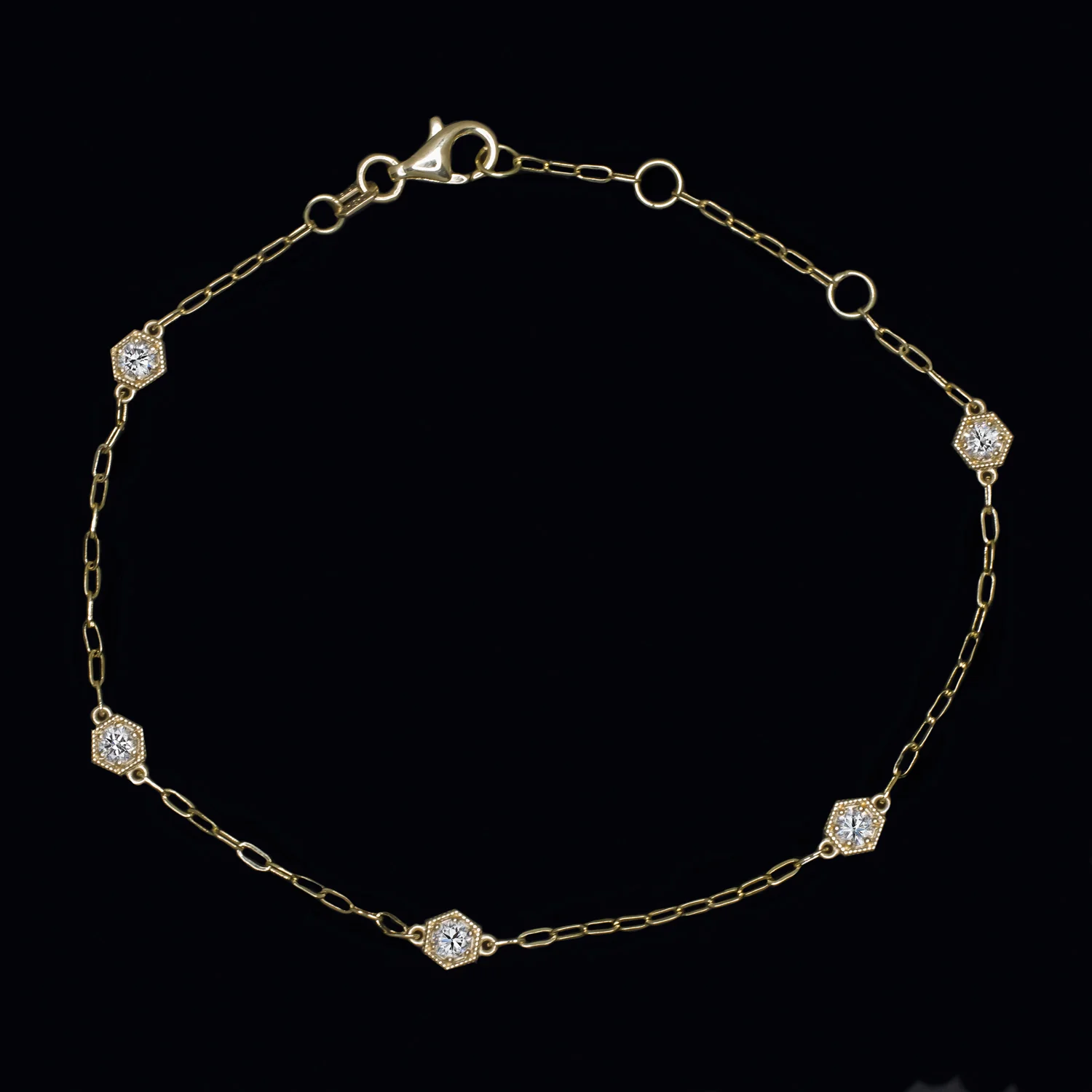 NATURAL DIAMOND STATION BRACELET 5 STONE VINTAGE STYLE HEXAGON 14K GOLD CHAIN