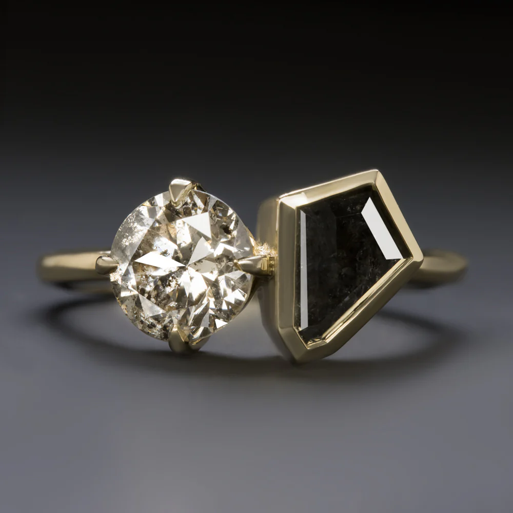 NATURAL DIAMOND TOI ET MOI RING SALT AND PEPPER BLACK KITE SHAPE ROUND 14k GOLD