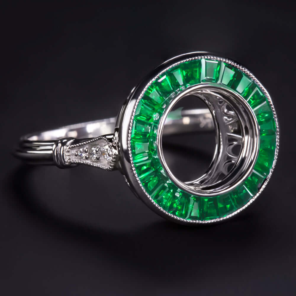 EMERALD DIAMOND ENGAGEMENT RING ROUND SETTING VINTAGE STYLE ART DECO HALO 2CT - Image 2