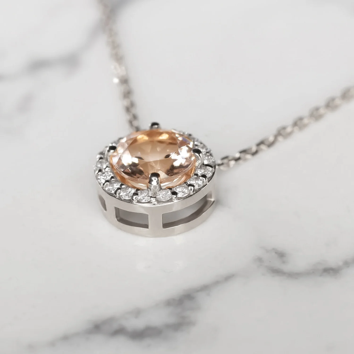 NATURAL MORGANITE DIAMOND HALO PENDANT NECKLACE ROUND CUT PLATINUM - Image 2