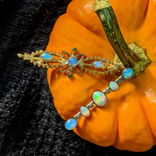 NATURAL OPAL VINTAGE STICK PIN PENDANT YELLOW GOLD BAR NECKLACE FLORAL ESTATE - Image 2