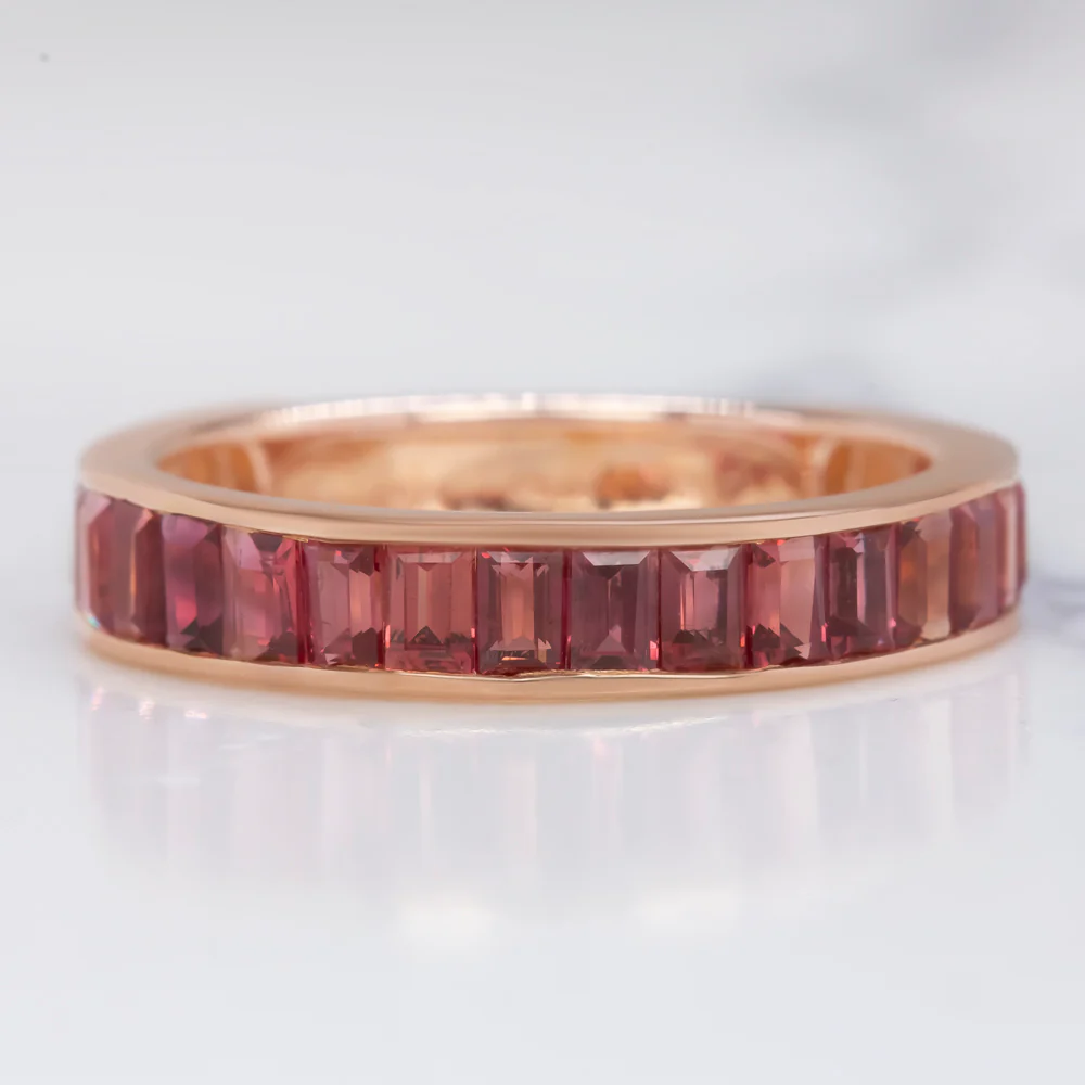 NATURAL RED ORANGE SAPPHIRE STACKING RING 14k ROSE GOLD WEDDING BAND BAGUETTE