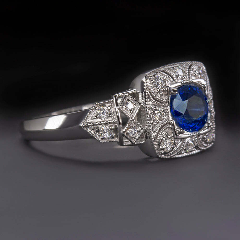 NATURAL SAPPHIRE ART DECO STYLE DIAMOND ENGAGEMENT RING VINTAGE PLATINUM - Image 2