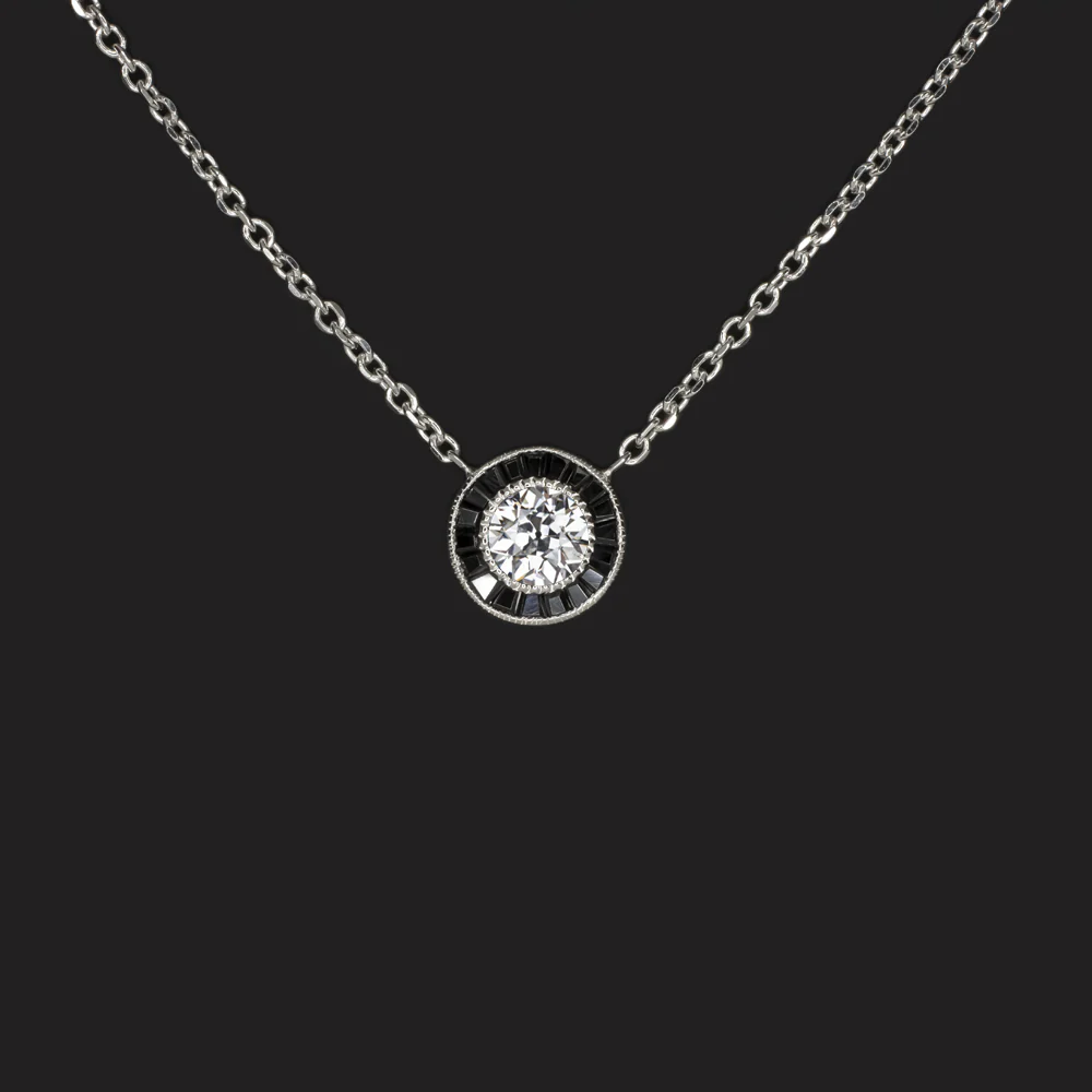 OLD EUROPEAN CUT DIAMOND BLACK ONYX PENDANT NECKLACE VINTAGE STYLE ART DECO HALO