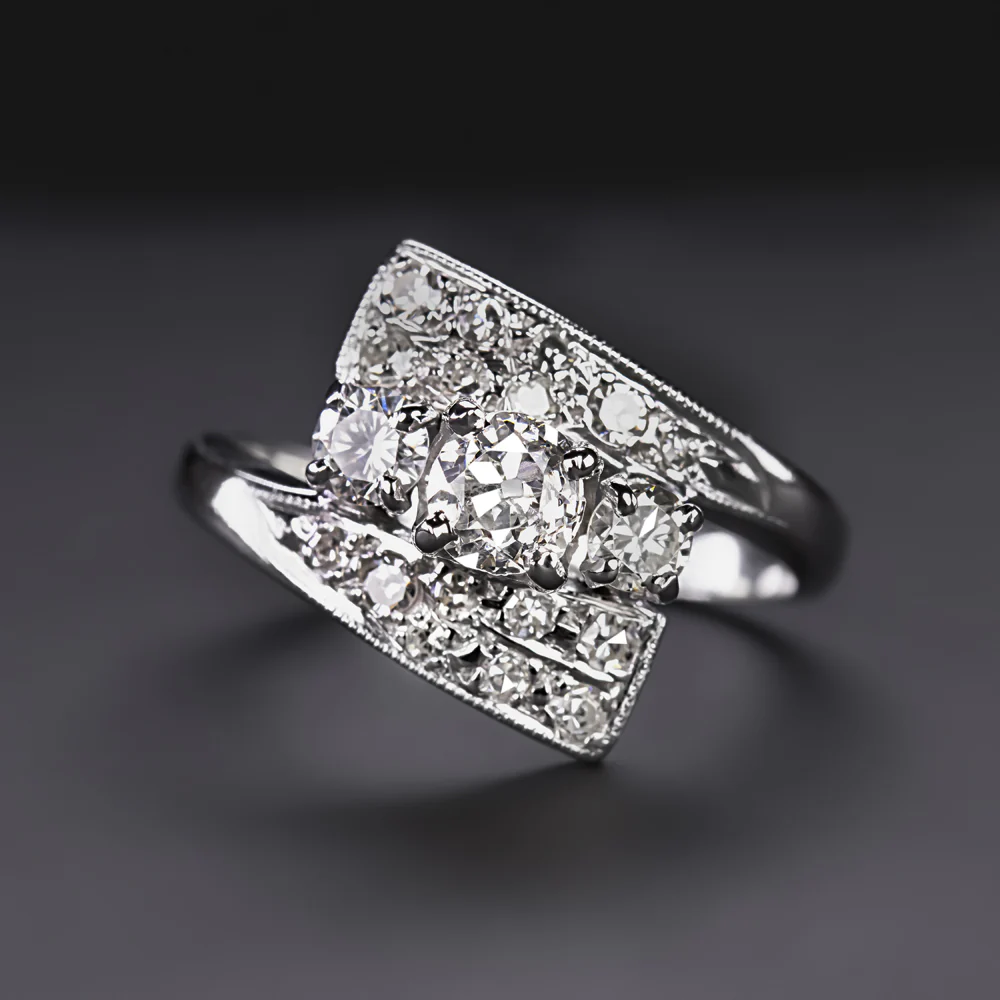 OLD EUROPEAN CUT DIAMOND COCKTAIL RING VINTAGE RETRO BYPASS WHITE GOLD ESTATE