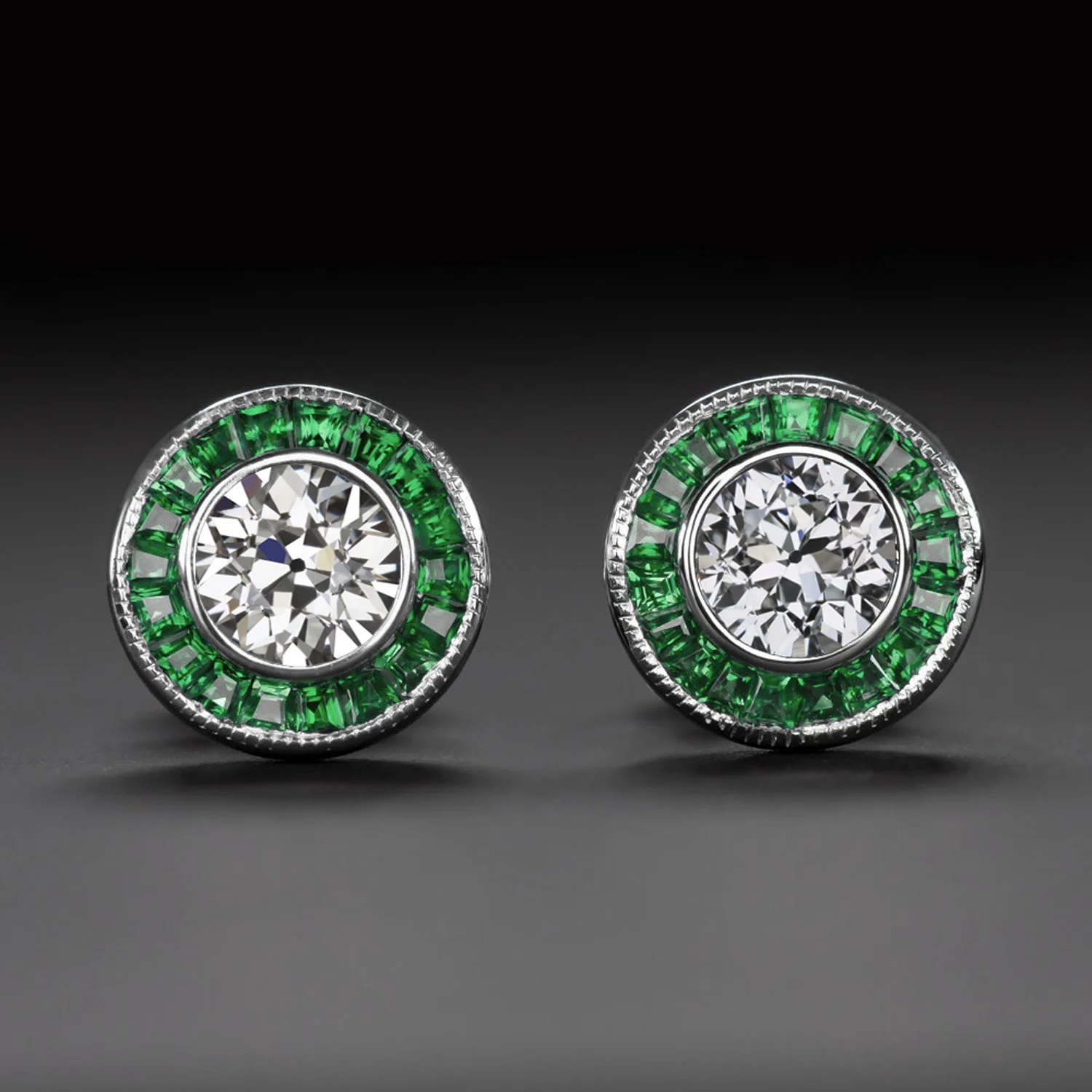 OLD EUROPEAN CUT DIAMOND EMERALD STUD EARRINGS ART DECO VINTAGE STYLE HALO GREEN