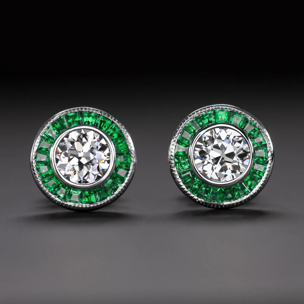 OLD EUROPEAN CUT DIAMOND EMERALD STUD EARRINGS ART DECO VINTAGE STYLE HALO GREEN