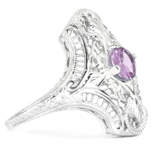 PINK AMETHYST STERLING SILVER VINTAGE STYLE COCKTAIL RING ART DECO FILIGREE GEM - Image 2