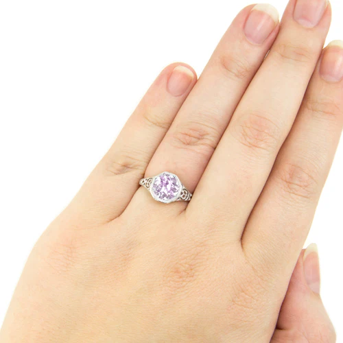 PINK AMETHYST STERLING SILVER VINTAGE STYLE SOLITAIRE RING ART DECO FILIGREE - Image 4