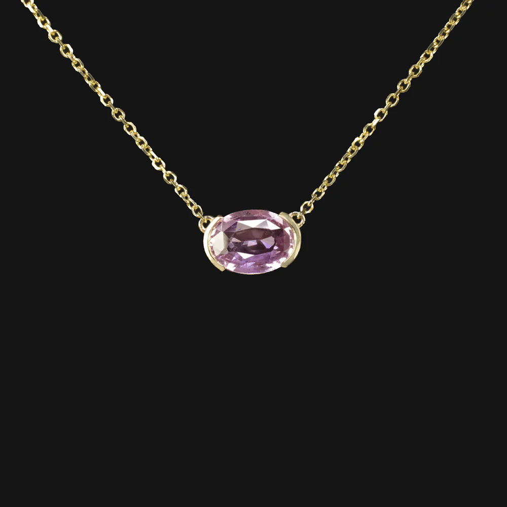 PINK SAPPHIRE PENDANT NECKLACE OVAL CUT EAST WEST 14k YELLOW GOLD NATURAL 1.17ct