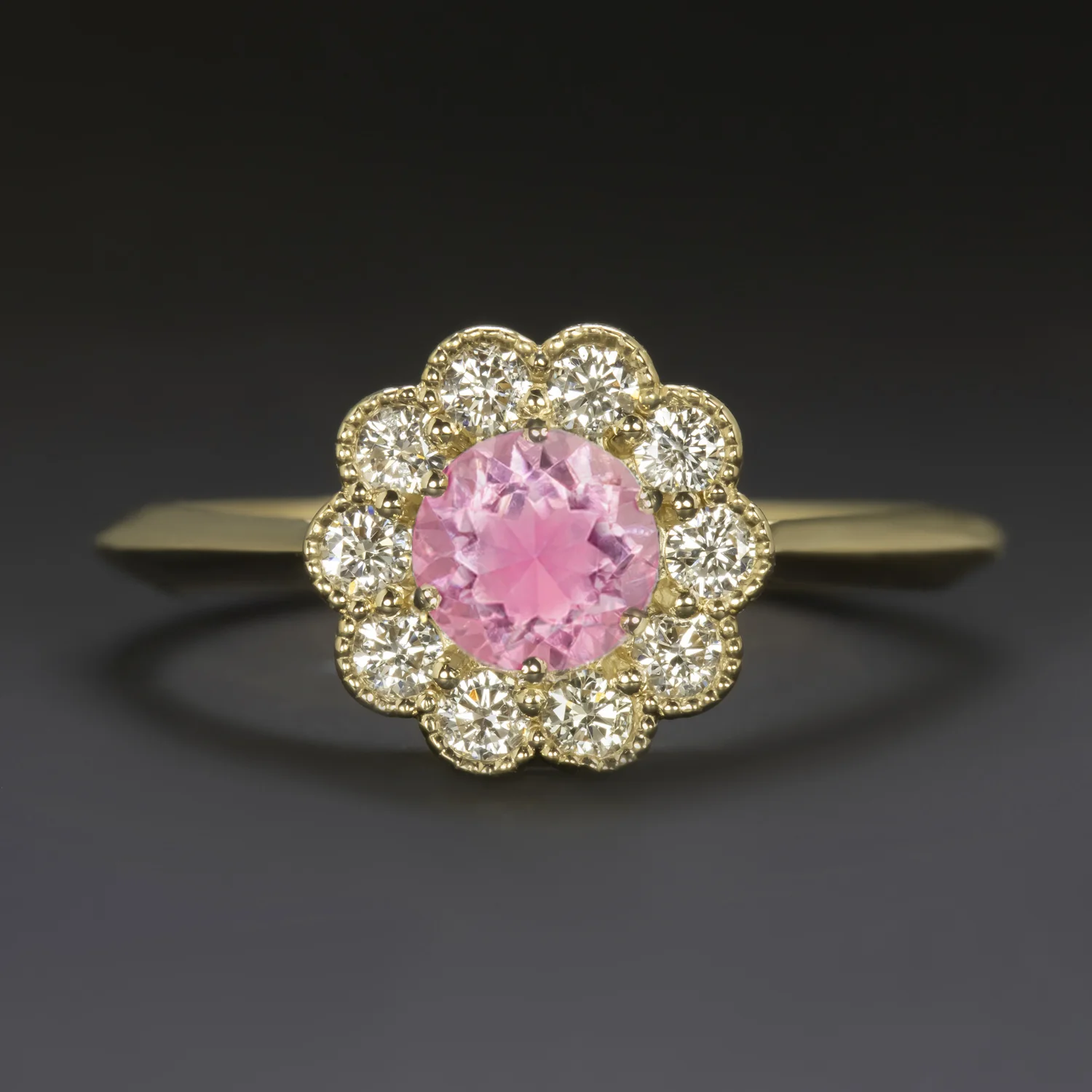 PINK TOURMALINE DIAMOND COCKTAIL RING SCALLOPED HALO 14k YELLOW GOLD NATURAL
