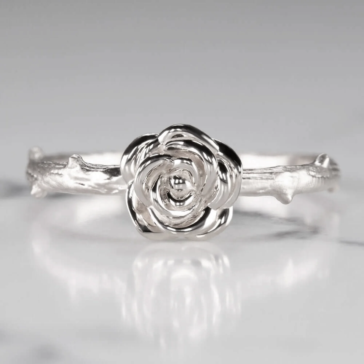 PLATINUM ROSE BLOSSOM RING FLOWER SOLITAIRE FLORAL BOTANICAL BRANCH VINE