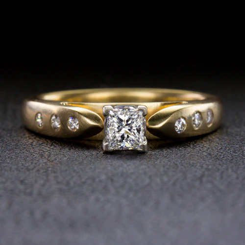 PRINCESS CUT DIAMOND ENGAGEMENT RING 14k TWO TONE GOLD FLUSH SET SATIN FINISH