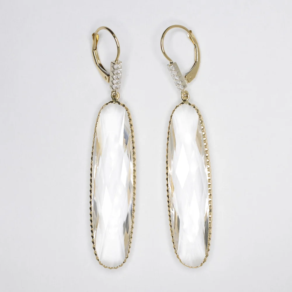 QUARTZ DIAMOND DANGLE EARRINGS 1.5 INCH LONG NATURAL 14k YELLOW GOLD DROP BIG