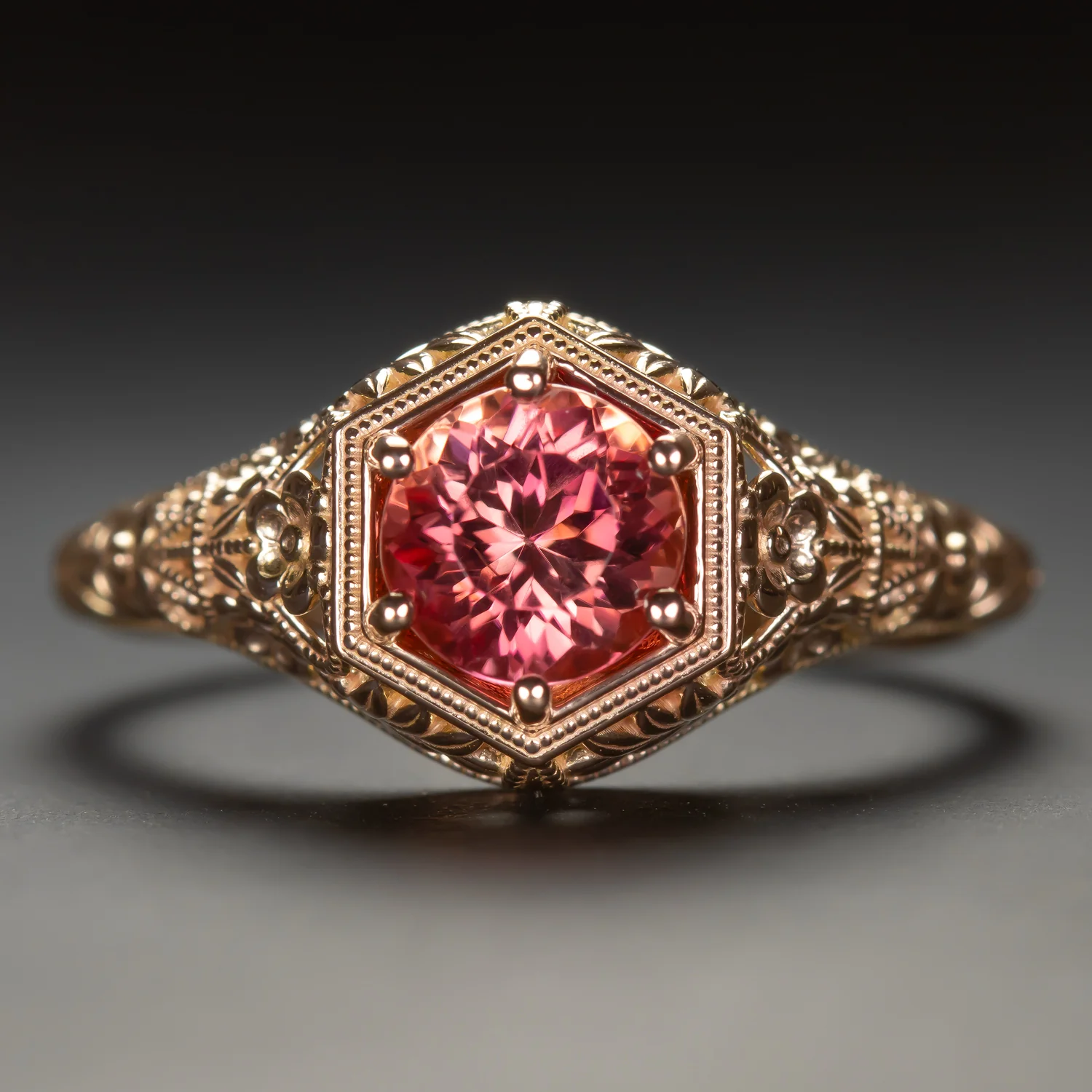 RED ORANGE TOURMALINE RING VINTAGE STYLE 10k ROSE GOLD FLORAL FILIGREE SOLITAIRE