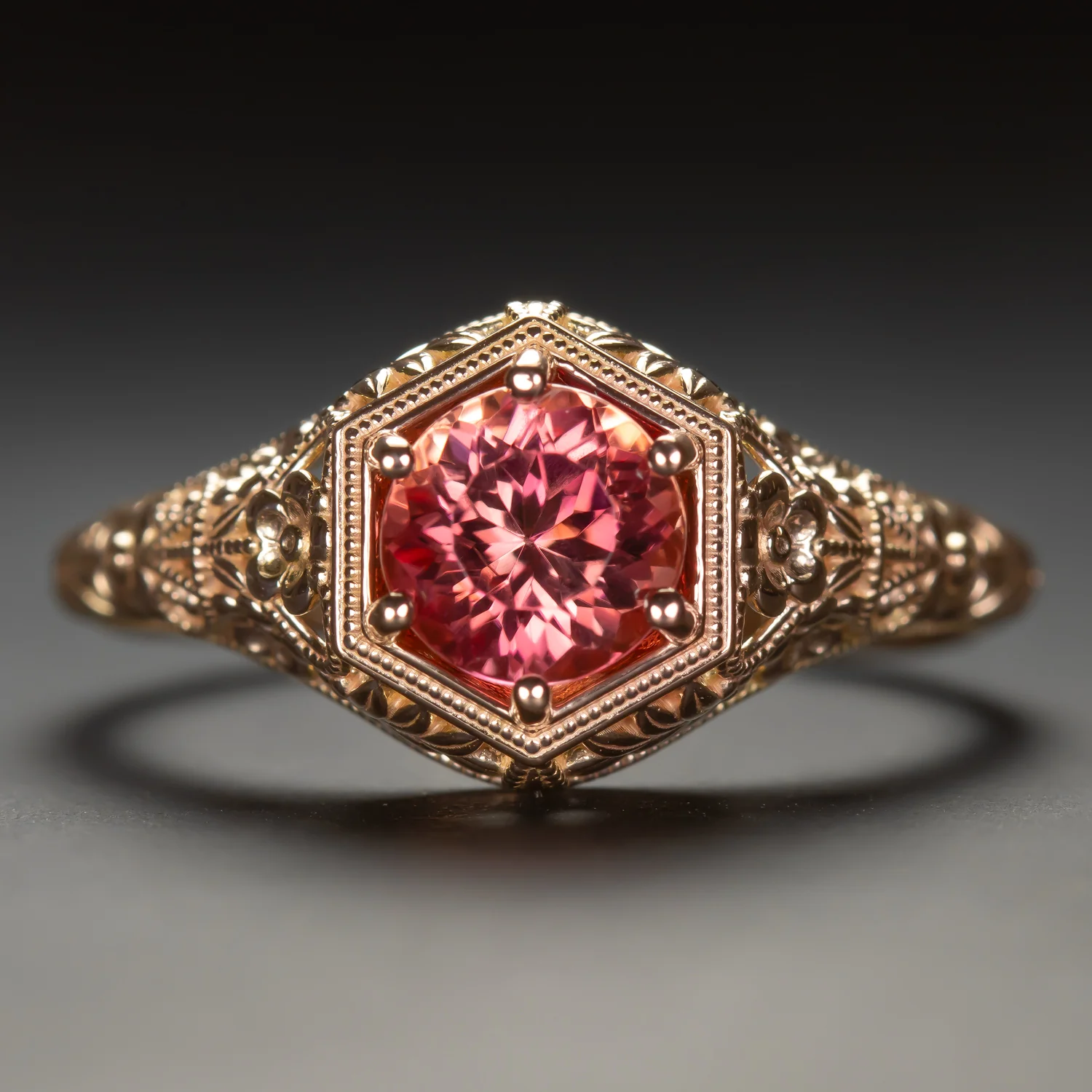 RED ORANGE TOURMALINE RING VINTAGE STYLE 14k ROSE GOLD FLORAL FILIGREE SOLITAIRE