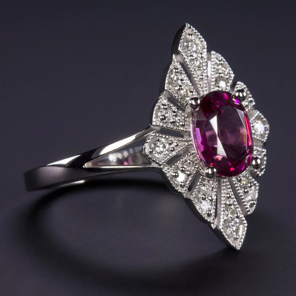 RHODOLITE GARNET DIAMOND COCKTAIL RING ART DECO VINTAGE STYLE STATEMENT NATURAL - Image 2