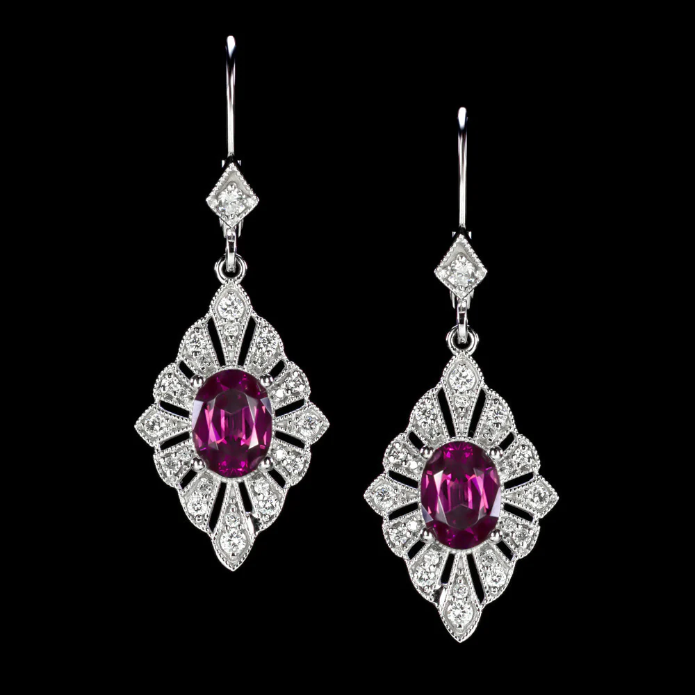 RHODOLITE GARNET DIAMOND DANGLE EARRINGS VINTAGE STYLE ART DECO HALO PLATINUM