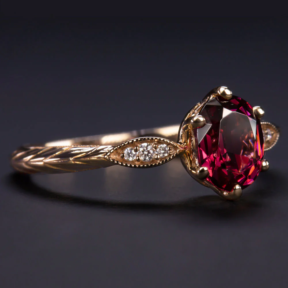 RHODOLITE GARNET DIAMOND RING VINTAGE STYLE OVAL NATURAL PINK PURPLE COCKTAIL - Image 2