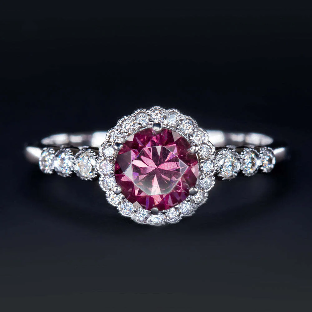 RHODOLITE GARNET NATURAL DIAMOND RING VINTAGE HALO 10k GOLD PINK PURPLE ROUND