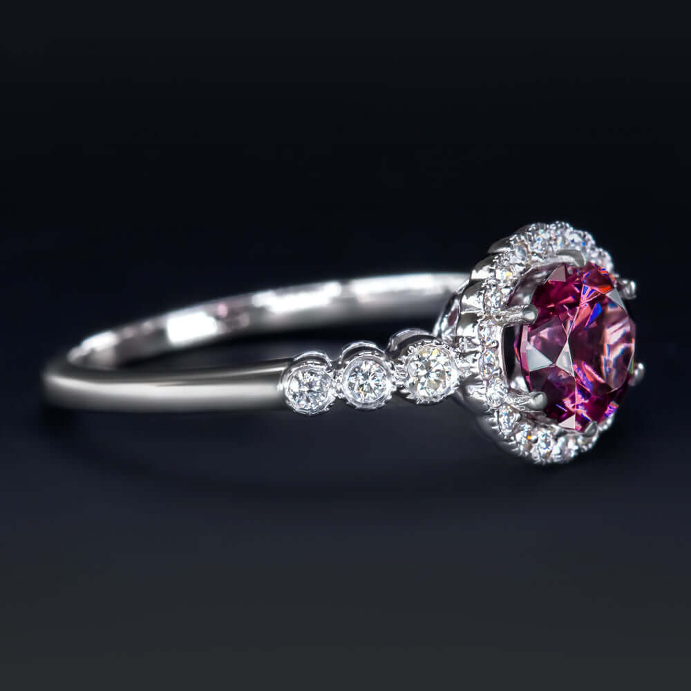 RHODOLITE GARNET NATURAL DIAMOND RING VINTAGE HALO WHITE GOLD PINK PURPLE ROUND - Image 2