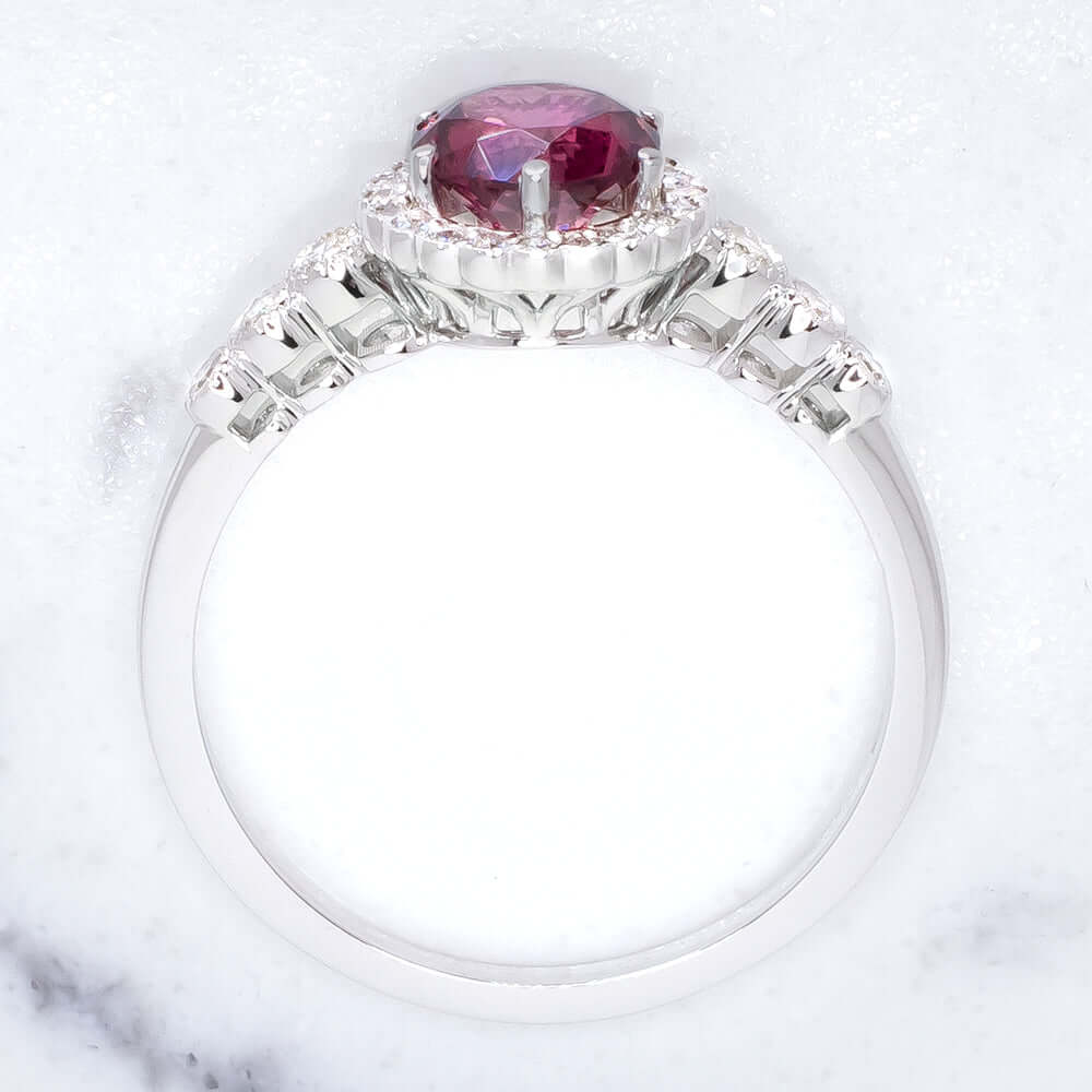 RHODOLITE GARNET NATURAL DIAMOND RING VINTAGE HALO WHITE GOLD PINK PURPLE ROUND - Image 3