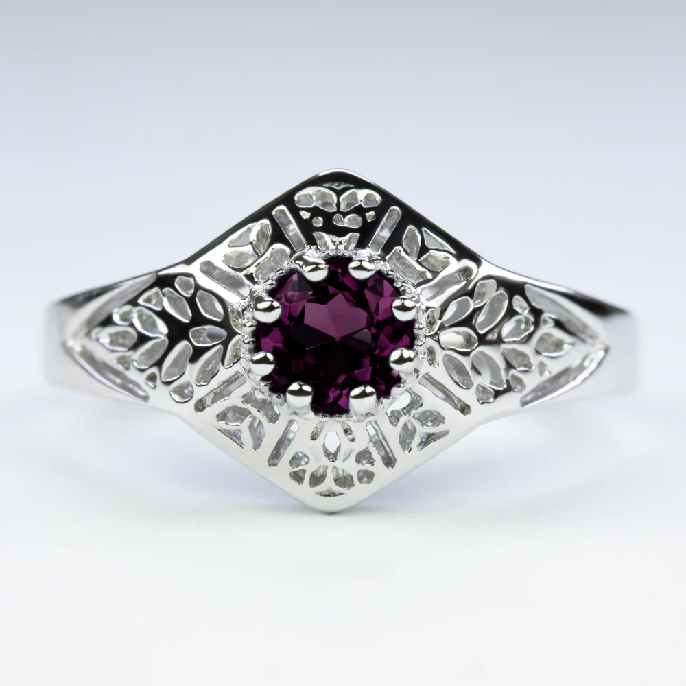 RHODOLITE GARNET STERLING SILVER RING VINTAGE STYLE FILIGREE GEMSTONE ART DECO